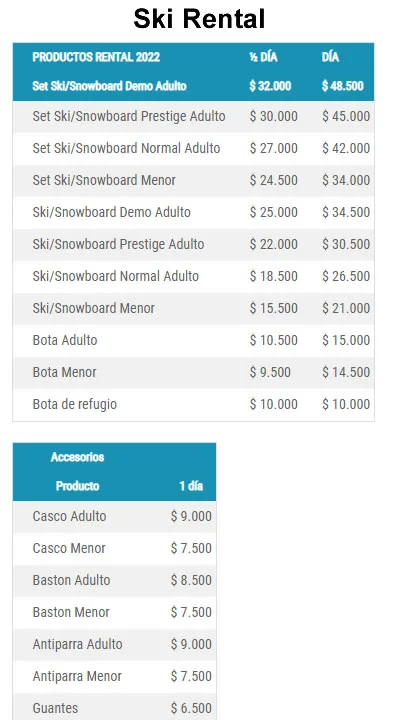 Precios Arriendo de Equipo  Valle Nevado